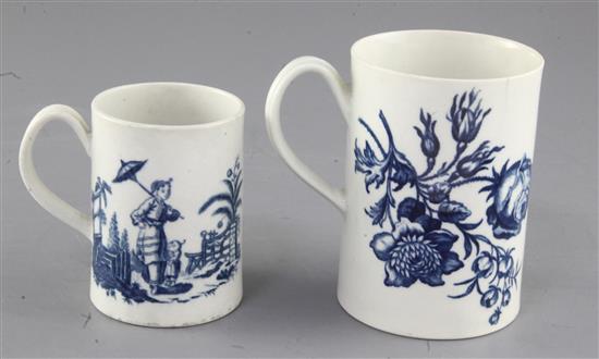 A Caughley floral spray pattern mug, c.1780 and a Worcester La Peche / Le Promenade small mug